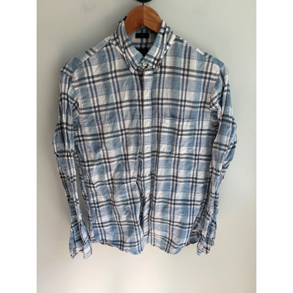 J.Crew Mens Slim Fit Plaid Button Down Shirt Blue White Medium Long Sleeve